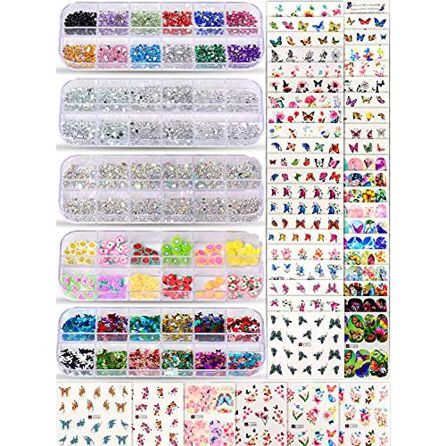 Spearlcable Nail Art Decoration Kit,48 Sheets Nail Stickers Crystal Rhinestones Set 3D Holographic Butterfly Glitter Fruit Nail Art Slices Iridescent Nail Sequins for Acrylic Nail Art