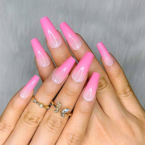 Artquee 24pcs French Rose Red Ballerina Nude Ombre Long Coffin Glossy Fake Nails Press on Nail False Tips Manicure for Women and Girls