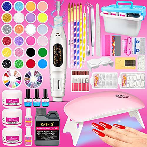 Acrylic Nail Kit with Everything for Beginners, Professional Acrylic Powder Set, Acrylic Glitter Nail Art Nail Tips with Nail Drill and UV LED Nail Lamp (multicolor kit)