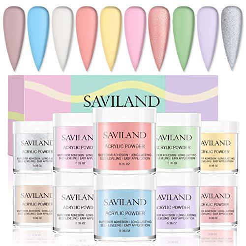 Saviland Acrylic Powder Set - 10 Colors Acrylic Nail Powder Nail Kit Shine Yellow Pink Professional Polymer for Acrylic Nails Extension No Nail Lamp Needed