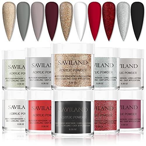 Saviland Acrylic Powder Set, 10 Colors Christmas Glitter Acrylic Nail Powder Set Acrylic Nail Set Professional Polymer Powder for Nails Extension Prom Queen Red Brown Series, Solon DIY Christmas Gifts