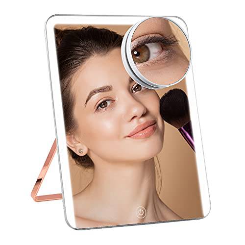 DASLAVA Makeup Mirror with Lights, Rechargeable Lighted Makeup Mirror Travel Mirror with Lights with 3 Modes 2000mAh Batteries 10X Magnification, Large and 0.55”Thin LED Vanity Folding Cosmetic Mirror