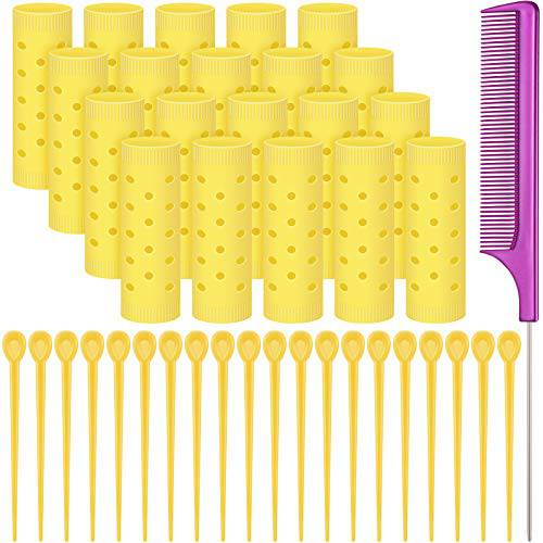 Small Size Hair Rollers Set, Includes 20 Pieces Plastic Smooth Hair Rollers 0.87 Inch/ 2.2 cm Hair Curlers with Steel Pintail Comb Parting Comb for Hairdressing Styling Tools, Random Color