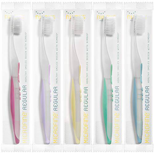 Nimbus Extra Soft Toothbrushes (Regular Head) Periodontist Design Tapered Bristles for Sensitive Teeth and Receding Gums, Individually Wrapped Plaque Remover Travel Toothbrush (10 Pack, Colors Vary)