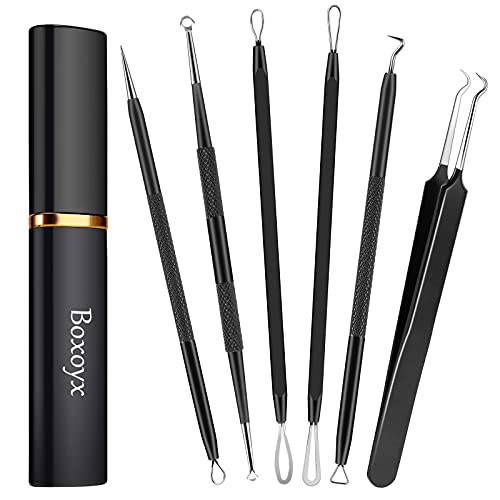 Boxoyx Pimple Popper Tool Kit - 6Pcs Blackhead Remover Comedone Extractor Tool Kit with Metal Case for Quick and Easy Removal of Pimples, Blackheads, Zit Removing, Forehead, Facial and Nose (Black)