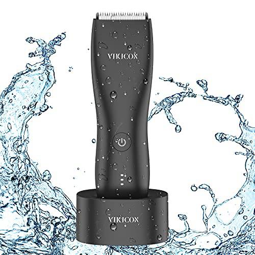 VIKICON Electric Groin Hair Trimmer: Ball Shaver & Body Groomer for Men Waterproof Wet / Dry Body Hair Clippers,Male Hygiene Razor with Standing Recharge Dock, Replaceable Ceramic Blade Heads (Black)