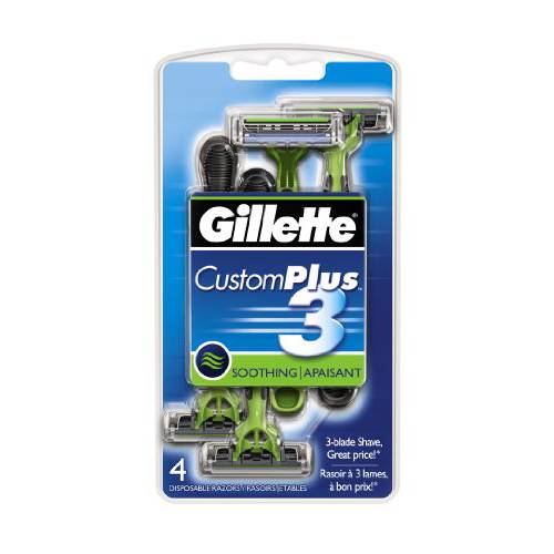 Gillette CustomPlus 3 Disposable Razor, Soothing, 4 Count, Mens Razors / Blades