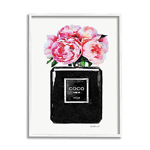 Stupell Industries Glam Perfume Bottle Flower Black Peony Pink, Design by Amanda Greenwood White Framed Wall Art, 24 x 30