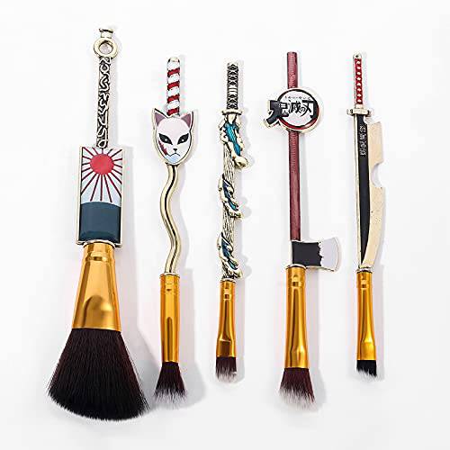 Anime Make Up Brushes Set, 5pcs Cosmetic Kimetsu Cosplay Figure Metal Handle Makeup Brushes Set Gifts For Women Girls Fans (A)