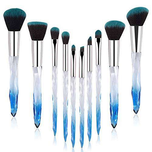 Yuwaku Makeup Brushes - 10pcs Premium Synthetic Foundation Blending Blush Powder Eyeshadow Brush Set Blue Transparent Crystal Handle Cute Make Up Tools