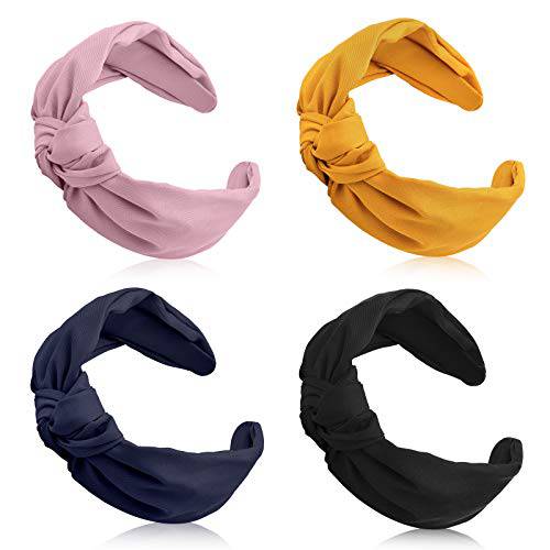 4 Pieces Wide Knotted Headbands Knot Hairband Solid Color Plain Headband Knot Turban Headband Twist Turban Headwrap Yoga Hair Band Elastic Hair Accessories for Women and Girls