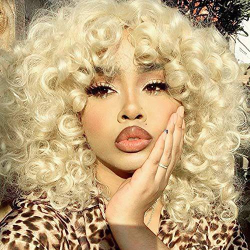 PHOENIXFLY Short Loose Curly Wigs Heat Resistant Fiber Fluffy Weave Curl Afro Synthetic Hair Wig Natural Daily Wigs for Black Women and White Women Breathable Rose Net Wigs (613 Blonde)