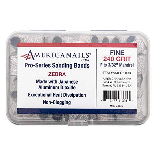 Americanails Pro-Series Zebra, Fine 240 Grit , Professional Sanding Bands for Acrylic Nail File Drill, E-File Sanding Drill Bit Piece Set, Nail Polishing and Filing Tools - 100 Count