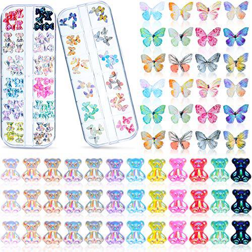96 Pieces 3D Acrylic Butterfly Charms and Cute Bear Resin Nail Decorations Set, Includes 60 Pieces Crystal Bear Shaped Rhinestones and 36 Pieces Acrylic Butterfly Nail Charms for DIY Nail