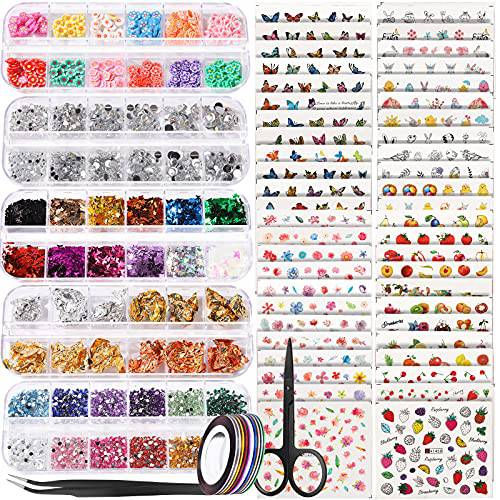 50 Sheets Nail Art Stickers, Teenitor Nail Art Decoration Kit with Nail Water Stickers Decals Crystal Rhinestones Holographic Glitter Sequins Nail Art Foils Nail Striping Tape Nail Flowers Slices