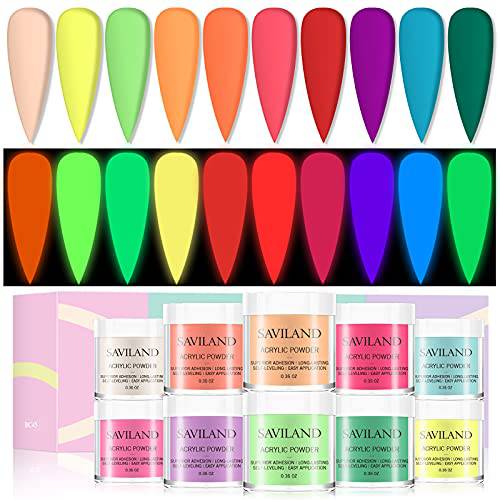 Saviland Acrylic Powder Set - Glows in The Dark Acrylic Nail Powder 10 Neon Colors Professional Polymer Powder for Acrylic Nails Extension DIY Nail Manicure Halloween Nails Design Gifts for Women