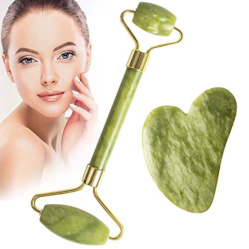 Iorbur Jade Roller and Gua Sha Tools Set, Skin Care Massager, Jade Face Roller, 100% Natural Jade Facial Roller Massage Tool for Face, Eyes, Neck & Body-Anti Aging Beauty Treatment
