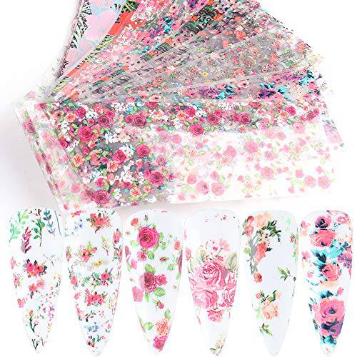 Flowers Nail Art Foil Transfer Stickers Nail Art Supplies Foil Transfers 10 Sheets Rose Flowers Nail Decals Nail Extension Gel Art Decorations for Women Poly Nail Gel DIY Design