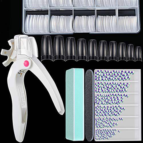 Acrylic Nail Clipper Kit Acrylic Nail Cutter Trimmer, 500 Pieces Clear Acrylic False Half Cover Nail, 1440 Pieces Multi Shape Glass Crystal AB Rhinestone, Nail File and Nail Buffer Block (White)