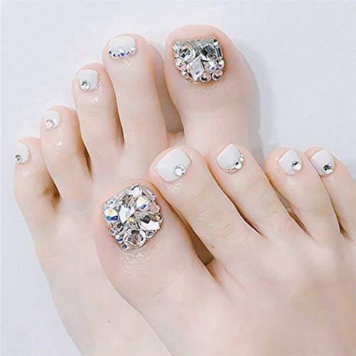 Fstrend 24Pcs Rhinestones Fake Toenails Glitter Silver Full Cover Acrylic Fake Nails for Toes False Nails Press on Toe Art Tips for Women and Girls (White)