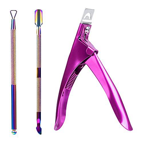 Melodysusie Acrylic Nail Clippers 3 in 1 Kit, Nail Clippers Cutters for Acrylic Nails Fake Nail Tips, Cuticle Pusher Remover, Manicure Tool for Salon Home Nail Art, Purple