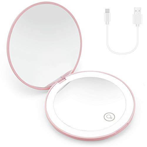 JRKJ LED Travel Makeup Mirror,10x Magnifying Folding Mirror Portable for Purse Pocket Handbag Round