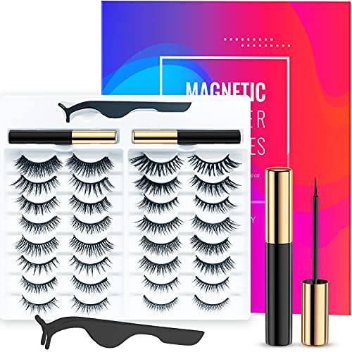 Magnetic Eyelashes with Eyeliner Kit, Different Styles Reusable 3D 6D Magnetic Eyelashes with 2 Special Magnetic Eyeliners and Tweezers, Easy to Apply with Natural Look, No Glue Needed (16 Pairs)