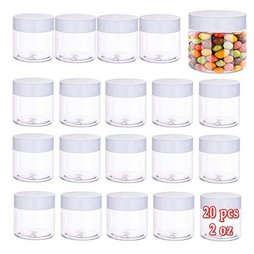 20 Pcs 2oz Plastic Cosmetic Container,Round Clear Pot Jars with White Lids,Empty Cosmetic Jar for Travel Storage,Lotion,Cream,Jewelry,Powder,Eye Shadow,Painting,DIY Crafts