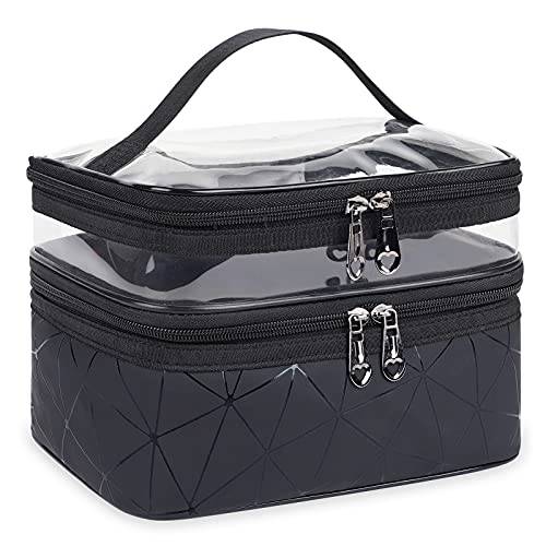 WANDF Double Layer Makeup Bag Large Cosmetic bag Clear Travel Cosmetic Case Toiletry Bag Water-resistant for Women Girl Camping College (Black)