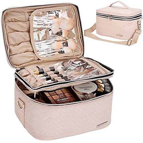 BELALIFE Double Layer Makeup Bag for Travel, Portable Cosmetic Organizer for Brushes Sets, Large Toiletry Holder with Straps, Pink