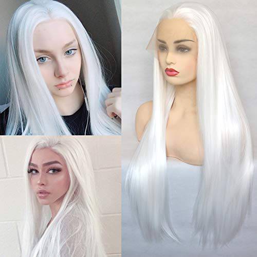BLUPLE Long Straight Lace Front Wigs 1001 Platinum White Natural Heat Resistant Synthetic Hair Half Hand Tied Wigs for Cosplay Daily Wear (22 inches, Straight,White)