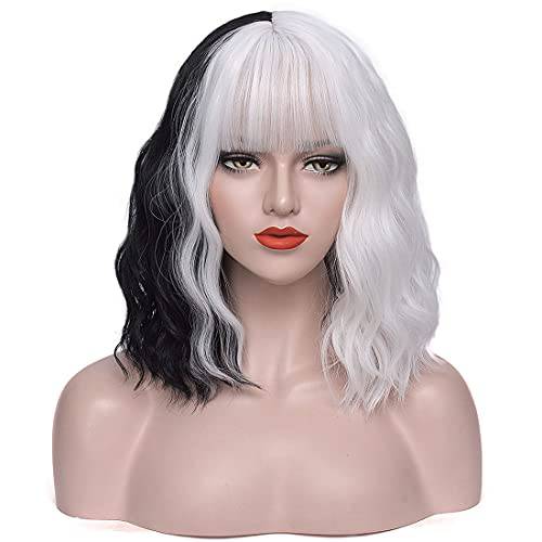 Juziviee Black and White Wigs for Cruella Deville Wig Costume Women Short Wavy Curly Hair Wig Cute Wigs for Party Halloween AD023BW1