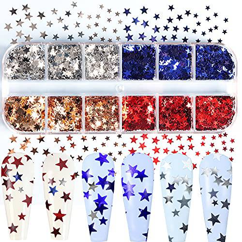 July 4th Independence Day Nail Art Glitter Sequins Decals Decoration 12 Grid Nail Art Star Sequins Holographic 4 Colors Red Blue Sliver Platinum Design Nail Stickers for Women Nail Supplies