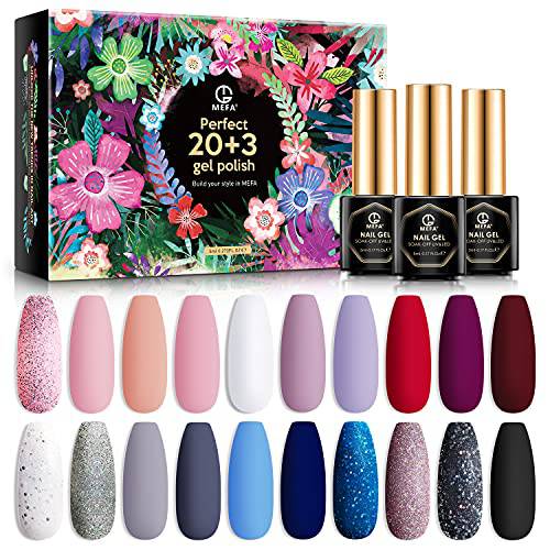 MEFA Winter Gel Nail Polish Set, Burgundy Red White Navy Royal Blue Nude Pink Independence Day Nail Art Soak Off Starter Kit with Glossy & Matte Top and Base Coat, All-Season Salon Design Gifts for Girls Women 20+3 Pcs