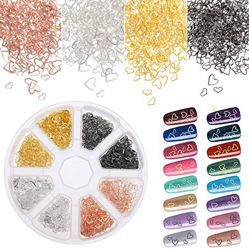 2000 Pieces Heart Nail Decals Metal Heart Nail Charm Studs Stickers 3D Hollow Love Heart Rivet Nails Decorations Art Mixed Size for Valentine’s Day Women Girls DIY Manicure Accessory Nail Decoration
