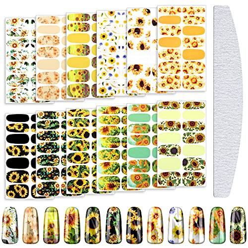 12 Sheets Sunflower Nail Art Stickers Floral Flower Nail Art Stickers Sunflower Self-Adhesive Nail Decals Nail Art Supplies Summer Nails Design with Nail File for Women DIY Nail Decoration