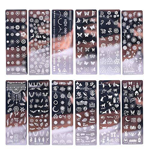 VANVENE Stainless Steel Nail Plates Stamp for Nail Art,12 Pack Templates Stamping Kits with Flowers Leaves Butterfly Snowflake Cat Easter Christmas Valentine Pattern Decoration Manicure Tools(13 PCS)