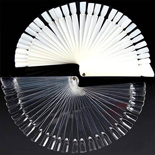 Onwon 200 Pieces Nail Art Polish Display Practice Stick with Metal Split Ring Holder - Fan Shape Finger Clipper Nail Art Tips Display Swatches Nail Polish Color Board Card Plates Practice Templates