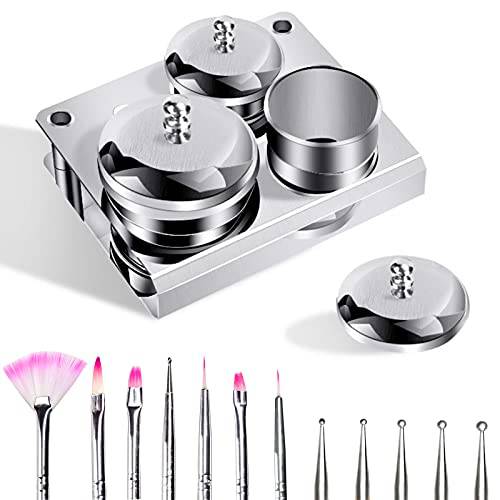Smilerain 3 Pieces Dappen Dish Acrylic Liquid Container Set Stainless Steel Acrylic Nail Containers, 7 Pieces Nail Art Brushes Cosmetic Makeup Tools and 5 Pcs Dotting Pens for Nail Art Tools