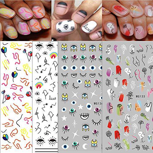 Houchu 4Sheets Nail Stickers 3D Nail Decals Abstract Line Pattern Eye Design Nail Sliders DIY Self Adhesive Sticker Tips Nail Art Decor(Mixed Styles)