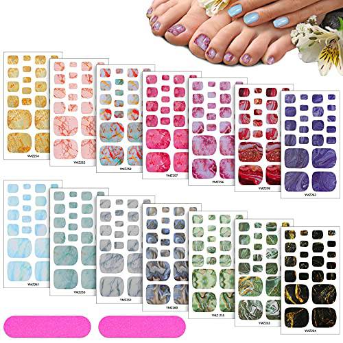 308 Pieces 14 Sheets Gradient Marble Full Toe Wraps Stickers Adhesive Toe Nail Wraps DIY Glitter Toe Nails Manicure Decals with 2 Pieces Nail Files for Women Girls Nail Art (Fresh Marble Series)