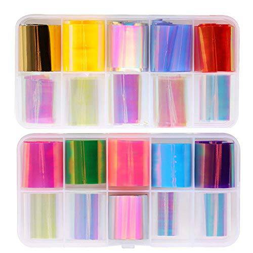 Houchu 20Rolls/Set Colorful Nail Art Stickers Nail Decals Aurora Nail Stickers Transfer Nail Foil Stickers Manicures Slider Decorations(A)