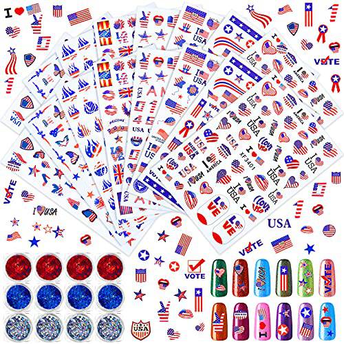 16 Sheets 4th of July Nail Stickers American Flag Nail Self Adhesive Independence Day Patriotic Nail Stickers Decal and 12 Boxes Nail Glitter Star Sequin Flakes for Women Girl Manicure Decoration