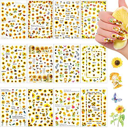12 Sheets Sunflower Nail Art Stickers Floral Flower Nail Stickers Self-Adhesive Nail Decals Flower Nail Art Decals Colorful Butterfly Flower Nail Stickers for Women Girls, 3.74 x 2.56 Inches