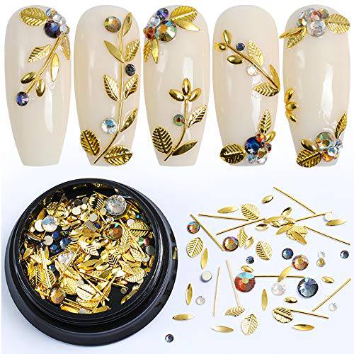 3D Metal Nail Art Charm Decoration Accessories Holographic Nail Art Gold Line Leaf Gems Sparkle Shape Design Decals DIY Nail Jewelry Accessories for Women Girl Nails Acrylic Design Supplies