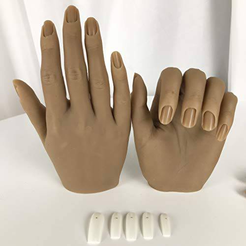 Nail Hand Practice Silicone Female Mannequin Life Size Hand as Sketch Nail Practice Hands Jewelry Ring Glove Watch Display with Nail 18cm (Right hand, Light brown)