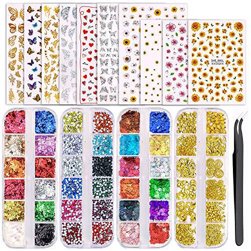 JOYJULY Nail Sticker - 10 Sheets Nail Decals Nail Art Sticker 3D Self-Adhesive with 4 Boxes Holographic Nail Art Glitter Flakes Maple Leaf Butterfly Nail Sequins Nail Rhinestones and Nail Tweezer