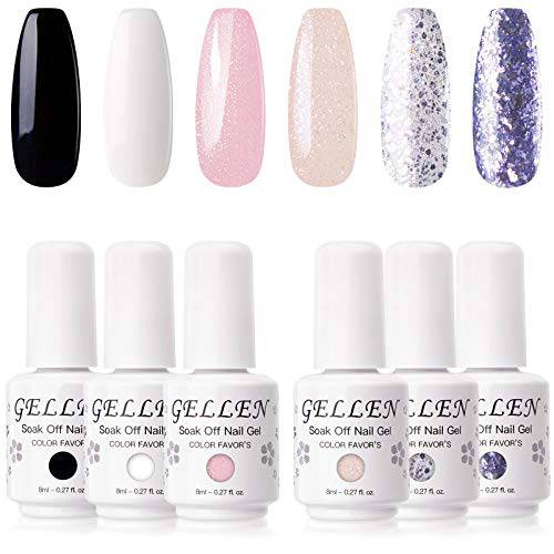 Gellen Gel Nail Polish Set 6 Colors - Classic and Sparkles Series Nail Gel Colors Black White Shimmer Glitters, Long Lasting Nail Art Home Gel Manicure Kit