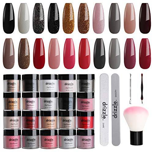 Drizzle Beauty Dip Powder Nail Kit Starter, 20 Colors Fall Winter Dipping Powder Set with Manicure file Brush for DIY Salon Nail Art, No UV/LED Lamp Needed.