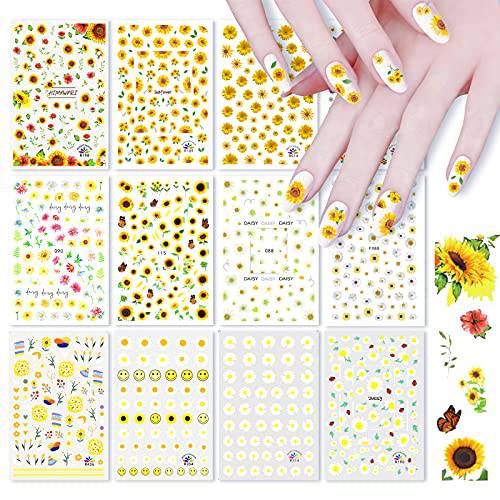 EBANKU 12 Sheets Sunflower Nail Stickers Daisy Nail Art Decals Self-Adhesive 3D Flowers Nail Art Stickers Decoration Manicure DIY Nail Design